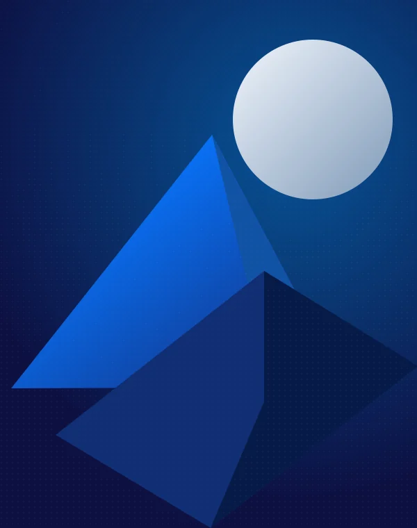 A blue pyramid, silver sphere and isometric platforms.