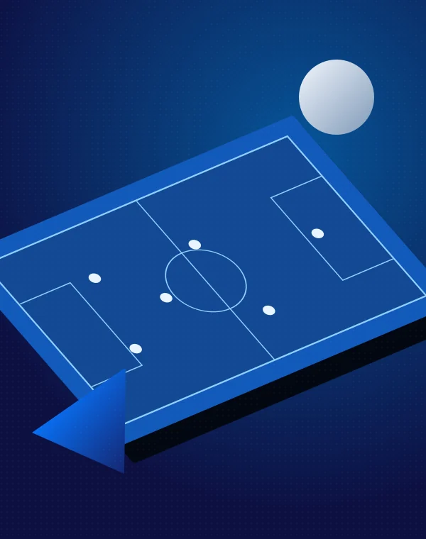 An isometric blue pitch with white position markers.