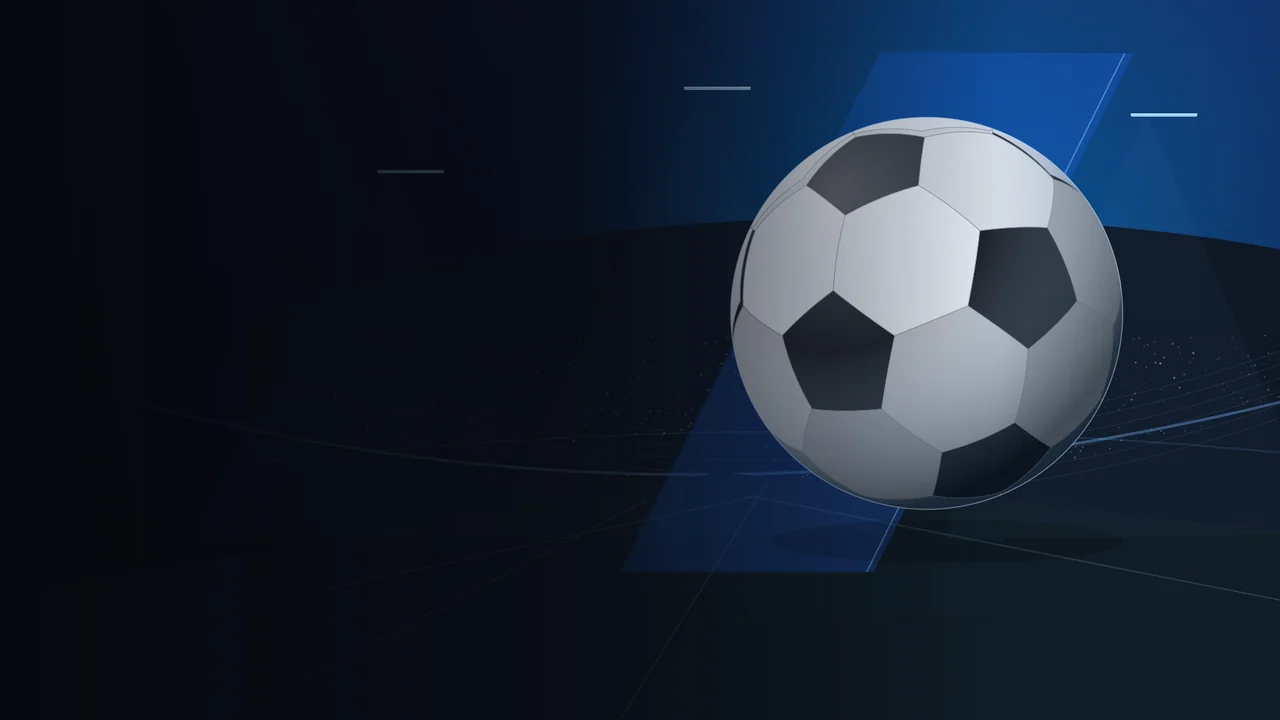 Original football illustration: a silver ball floats above a dark stadium, with a blue geometric beam and pitch lines.
