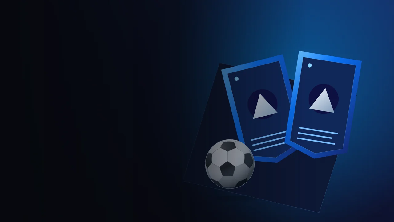 Original blue geometric player-card silhouettes and a football on a dark editorial canvas, not official EA cards.