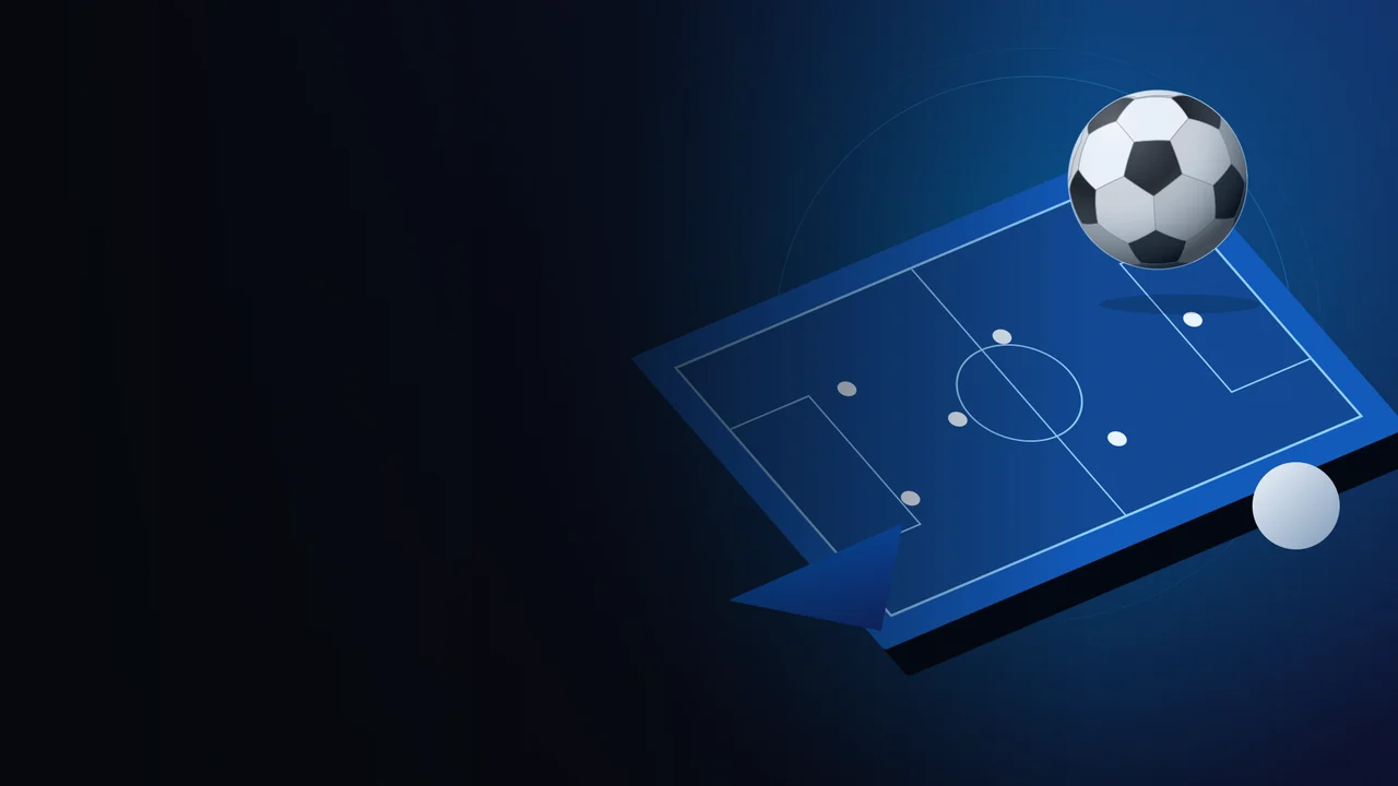 Original isometric illustration of a blue football pitch, position markers and a floating football against a midnight background.